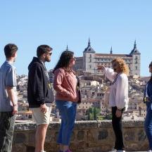 a group of people standing on a ledge looking at a city