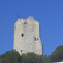 ein hoher Steinturm auf einem Hügel