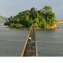 a man standing on a wooden bridge in the water