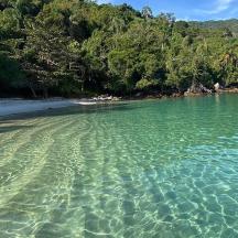 a beach with clear water and trees in the background