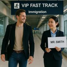 ein Mann und eine Frau halten ein Schild in einem Flughafen