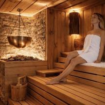 eine Frau, die auf dem Rand einer Sauna sitzt