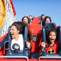 a group of people riding on a roller coaster at the theme park