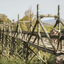 a group of people on a wooden bridge