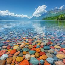 a large body of water with rocks in the water