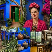 un collage de fotos de una mujer frente a una casa azul