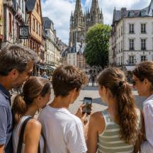 a group of people standing on a city street
