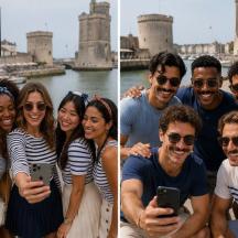 a group of people posing for a picture in front of a city