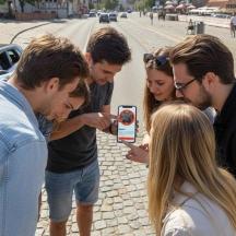 un grup de persones mirant un telèfon mòbil