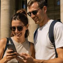 ein Mann und eine Frau schauen auf ein Handy