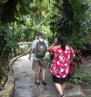 a man and a woman walking through the jungle
