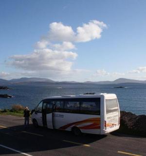 一辆停在水边路边的巴士