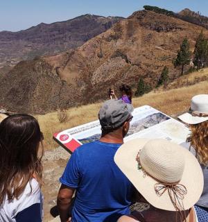 eine Gruppe von Menschen, die auf einem Berg eine Karte betrachten