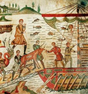 墙上的一幅画描绘了船上的人们