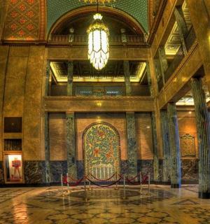 a large room with a chandelier in a building