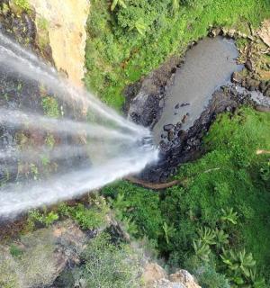 an aerial view of a waterfall in a forest