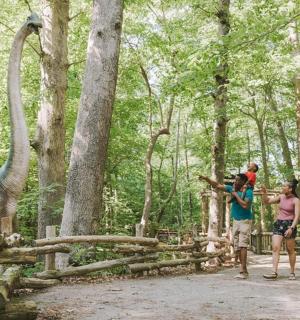 a group of people looking at a giraffe and a dinosaur