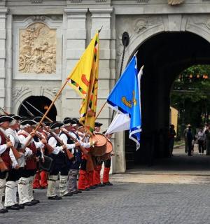 一群身着军装、手持旗帜的人