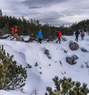 skupina lidí kráčejících ve sněhu
