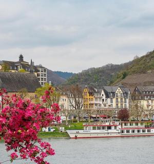 a boat on a river with buildings and pink flowers