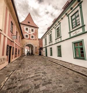 an empty street in an old town with buildings
