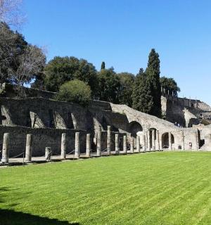 a building with a grassy field in front of it