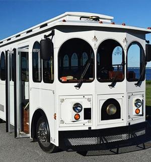 一辆白色巴士停在海边