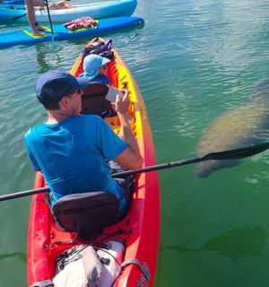 一名男子坐在皮划艇上，水中有一只海洋动物