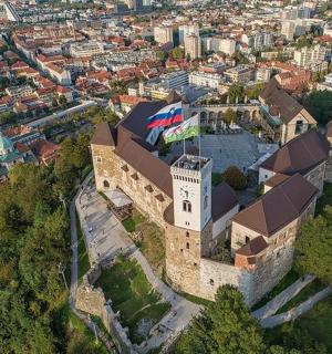 an aerial view of a castle in a city