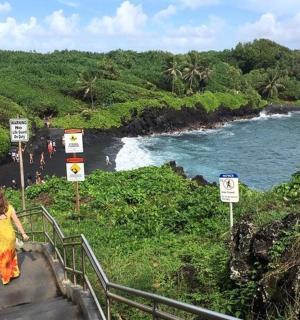 a couple of people walking down a stairs near a beach