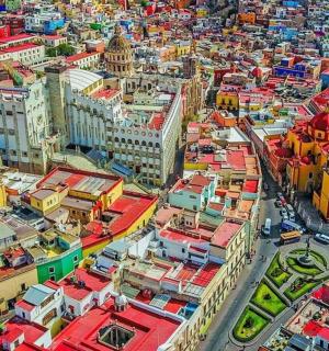 an aerial view of a city with buildings