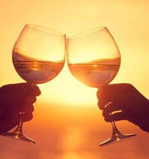 两个人在日落前拿着酒杯