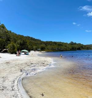 a group of people on a beach near the water