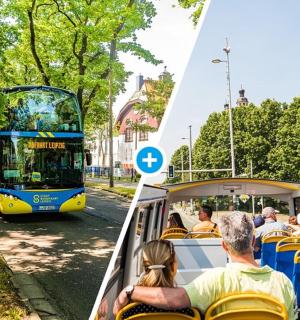en dobbeltdækkerbus kører ned ad en gade med mennesker