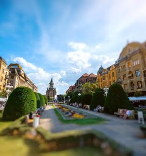 a view of a city street with buildings and trees