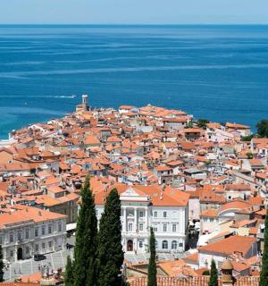 山上一座有着橙色屋顶的小镇