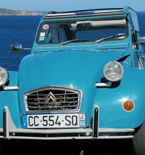 a blue truck parked next to the ocean