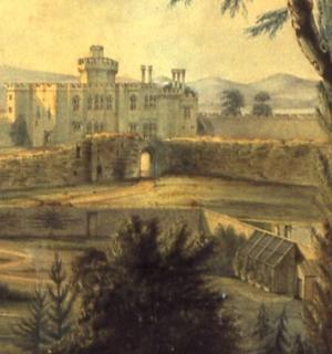 a painting of a castle in a field