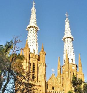 a church with two towers on top of it