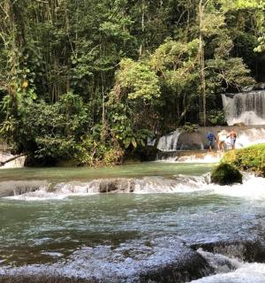 people standing in a river with a waterfall