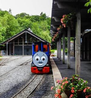 vláček s obličejem na kolejích