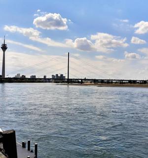 河流景观，背景中有一座桥