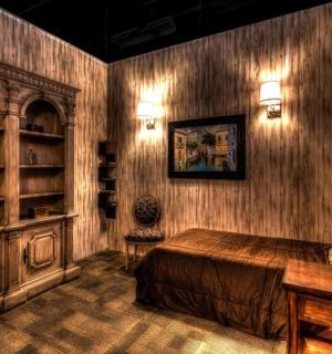 带床和木墙的卧室