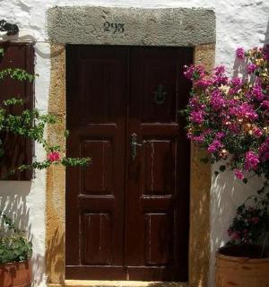 a wooden door with flowers in front of it