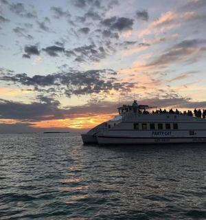 a ferry boat in the water with a sunset