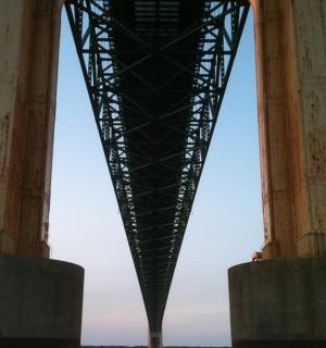 a view of a bridge from underneath it