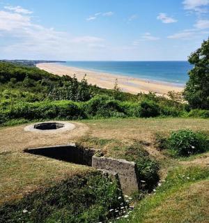 海滩旁边的草地上有一个洞