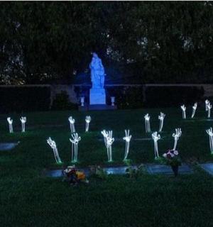 a group of lights in front of a statue