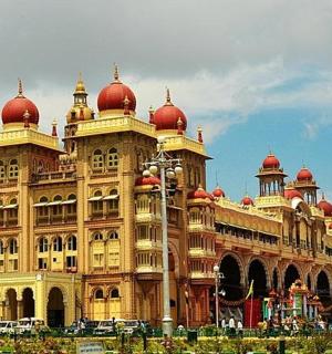 a large building with red domes on top of it