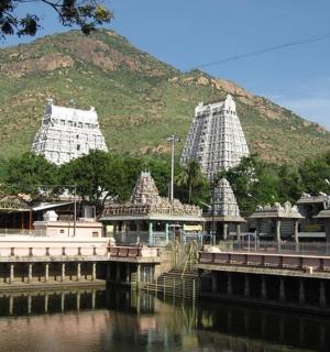 a view of a temple in front of a mountain